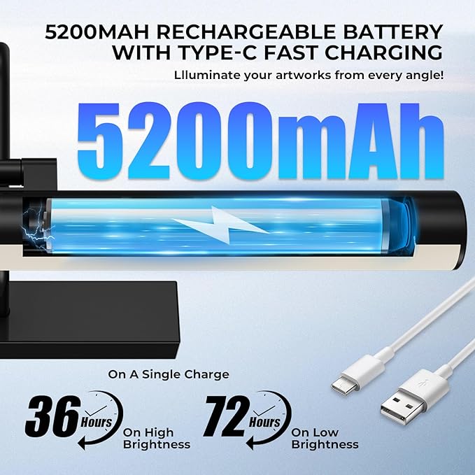 13'' Picture Light for Wall, 5200 mAh Battery Operated Picture Light with Remote & Timer for Wall Art - 3 CCT Dimmable LED, Matte Black Finish