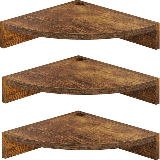 Fun Memories Corner Shelf Wall Mount, Wood Floating Corner Shelves, Corner Wall Shelf for Bedroom, Bathroom, Kitchen, Living Room (Brown, 3 Pack)