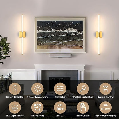 Gold Battery Operated Wall Sconces Set of 2, Rechargeable Battery Wall Sconce with Remote, Dimmable 3 Color LED Wireless Wall Lights, 360° Full Lighting, Timer & Memory Function 24 Inch