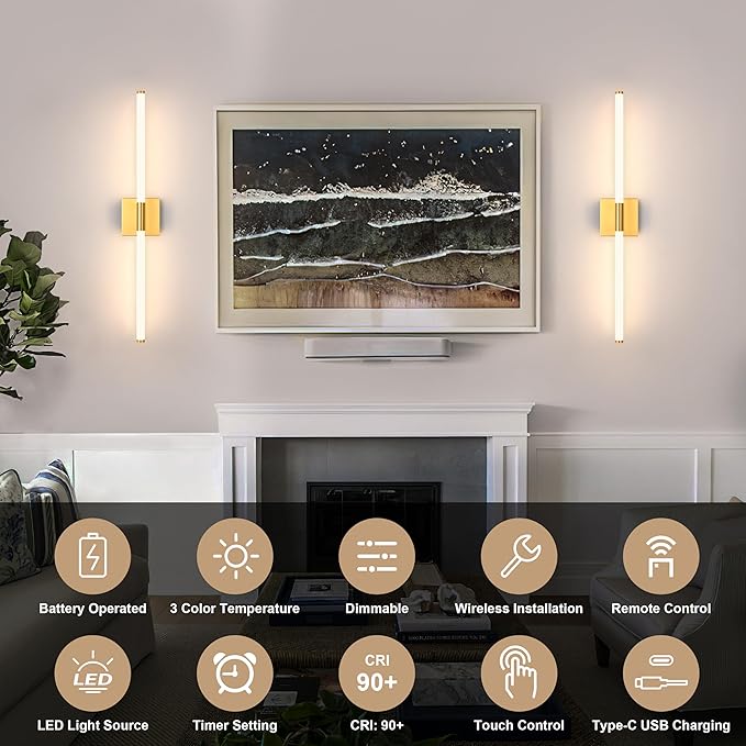 Gold Battery Operated Wall Sconces Set of 2, Rechargeable Battery Wall Sconce with Remote, Dimmable 3 Color LED Wireless Wall Lights, 360° Full Lighting, Timer & Memory Function 24 Inch