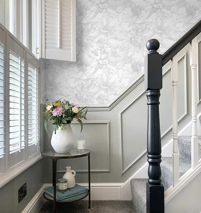 Ismoon Large Floral Peel and Stick Wallpaper Boho White/Grey Contact Paper 17.3inx6.5ft Removable Self Adhesive Bedroom Cabinet Mural Wall Decor Vinyl Roll