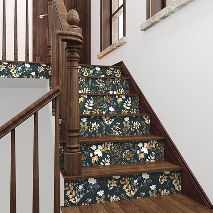 Navy Floral Wallpaper Peel and Stick Boho Wallpaper Vintage Blue/Gold Leaf Contact Paper Waterproof Self Adhesive Modern Wall Paper for Cabinet Walls Kitchen 17.5in x118in