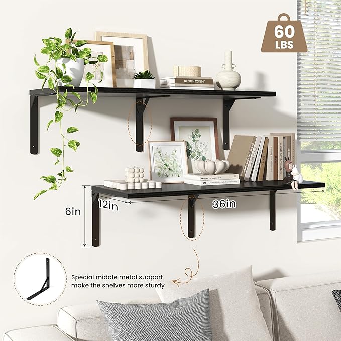 Fun Memories Floating Shelves for Wall, 12 Inch Deep Floating Shelves Set of 2, Wall Mounted Shelf with Metal Brackets, Rustic Wood Wide Shelf for Bathroom, Kitchen and Living Room, Black, 36W x 12D