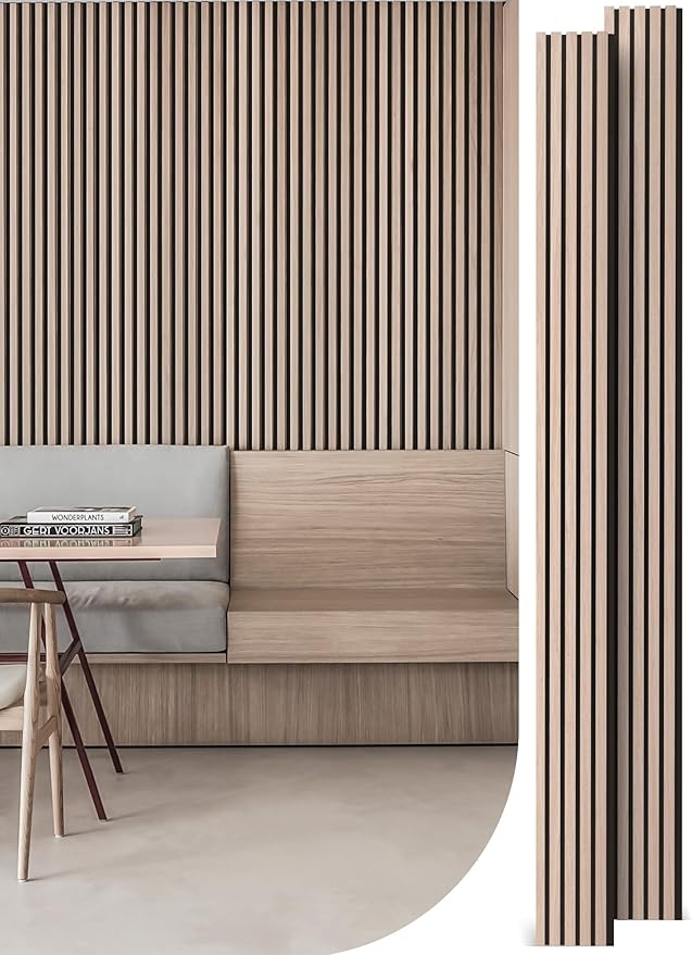 Mollywell Wood Slat Wall Panels - Time-Saving Installation Soundproof Slat Panels on Any Wall Surface, 0.95 NRC Dual-Layer Acoustic Design, Commercial-Grade MDF Core (2 Pack, 108x8in, White Oak)