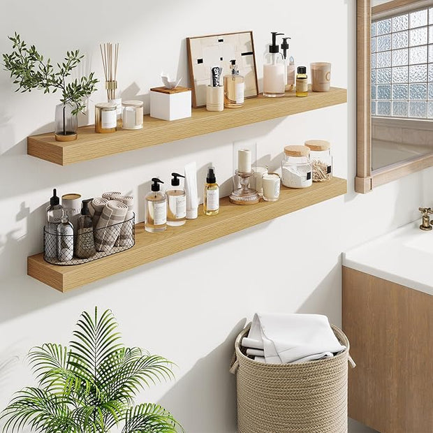 Fun Memories Floating Shelves 48 Inch, Extra Large Wood Shelf Set of 2, Hanging Wall Shelves for Bathroom, Living Room, Kitchen, Bedroom, Oak