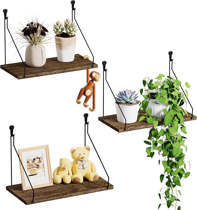 Elevate Your Space with Rustic Wood Floating Shelves Set of 3- Perfect for Bedroom, Living Room, Bathroom, and Kitchen Decor - Easy Installation, No Drilling Needed! Brown