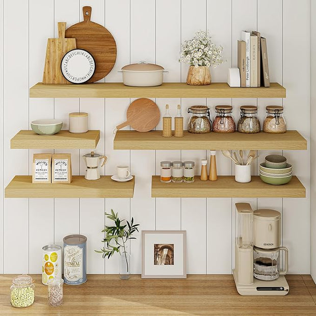 Fun Memories Floating Shelves 36 Inch Long, 9.3Inch Deep Floating Shelves for Wall, Extra Deeper & Thicker Wall Mounted Storage Shelf for Kitchen, Farmhouse, Oak, 2 Pack