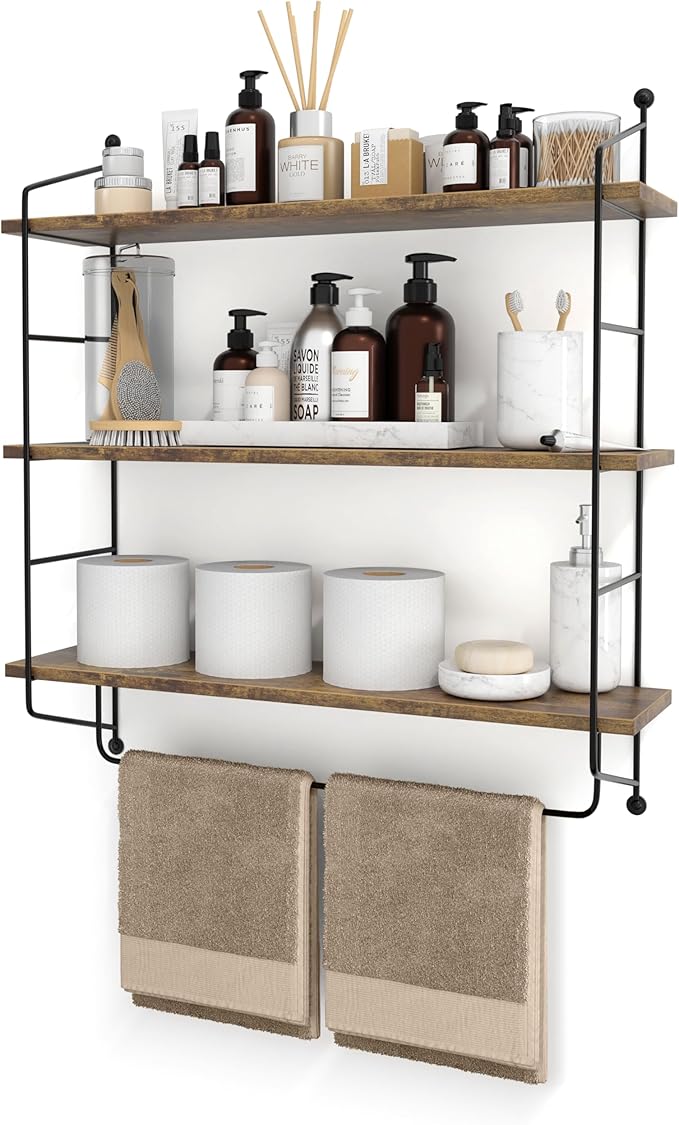 Sorbus 3-Tier Floating Bathroom Shelves for Wall - Wood Wall Storage for Towels, Over The Toilet Storage Cabinet, Gaming Floating Shelves, Bathroom Accessories, and Home Decor (Brown)