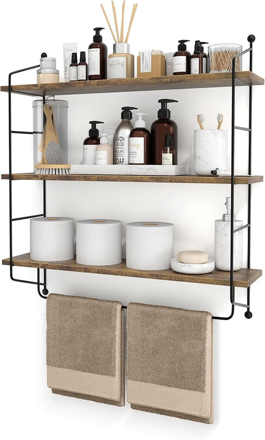 Sorbus 3-Tier Floating Bathroom Shelves for Wall - Wood Wall Storage for Towels, Over The Toilet Storage Cabinet, Gaming Floating Shelves, Bathroom Accessories, and Home Decor (Brown)