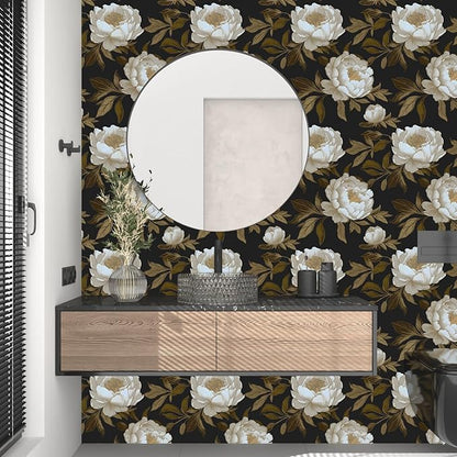 Peony Floral Wallpaper Peel and Stick Gold Leaf Contact Paper Modern Floral Wallpaper Self Adhesive Waterproof Boho Botanical Wall Paper for Room Shelves Cabinet Drawer Table Decor 17.5"x118"