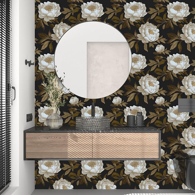 Peony Floral Wallpaper Peel and Stick Gold Leaf Contact Paper Modern Floral Wallpaper Self Adhesive Waterproof Boho Botanical Wall Paper for Room Shelves Cabinet Drawer Table Decor 17.5