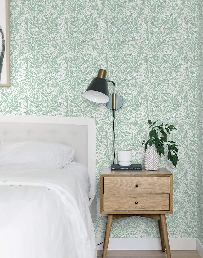 17.3"x393" Peel and Stick Wallpaper Boho Green Leaf Contact Paper Sage Green Botanical Wall Paper Self Adhesive Removable Wallpaper for Cabinets Drawers Bedroom Decor Waterproof Vinyl Roll