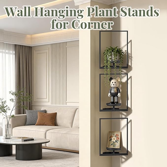 BXF Corner Wall Planters for Indoor Plants, 90 Degree Floating Shelves. Heavy Duty Mounted Holder, Minimalist Hanging Decor. Window Shelf Fits 4-7 Inch Pots (Black, Frame 3 Pack)