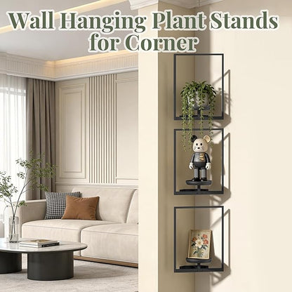 BXF Corner Wall Planters for Indoor Plants, 90 Degree Floating Shelves. Heavy Duty Mounted Holder, Minimalist Hanging Decor. Window Shelf Fits 4-7 Inch Pots (Black, Frame 3 Pack)