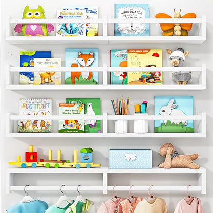 Fixwal Nursery Book Shelves, 32 Inch Floating Bookshelves for Wall Set of 4, Baby Nursery & Playroom Decor, Solid Wood Wall Mounted Shelves for Books and Toys Storage (White)