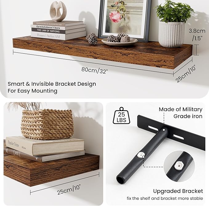 Fun Memories Floating Shelves for Wall, 32 Inch Long Floating Shelves Set of 2, 32 x 10 Wooden Shelves for Wall, Large Storage Shelves, Hanging Shelves for Bathroom Kitchen Bedroom, Rustic Brown