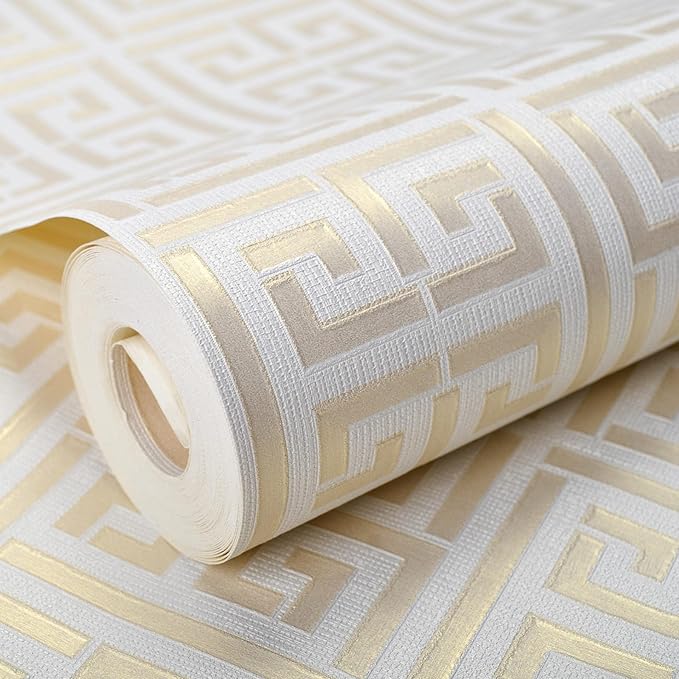 Greek Key Pattern Wallpaper 17.7"x236.0" Textured Metallic Gold on White Peel and Stick Wallpaper Geometric Embossed Self Adhesive Waterproof