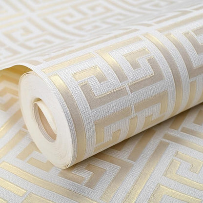 Greek Key Pattern Wallpaper 17.7"x236.0" Textured Metallic Gold on White Peel and Stick Wallpaper Geometric Embossed Self Adhesive Waterproof