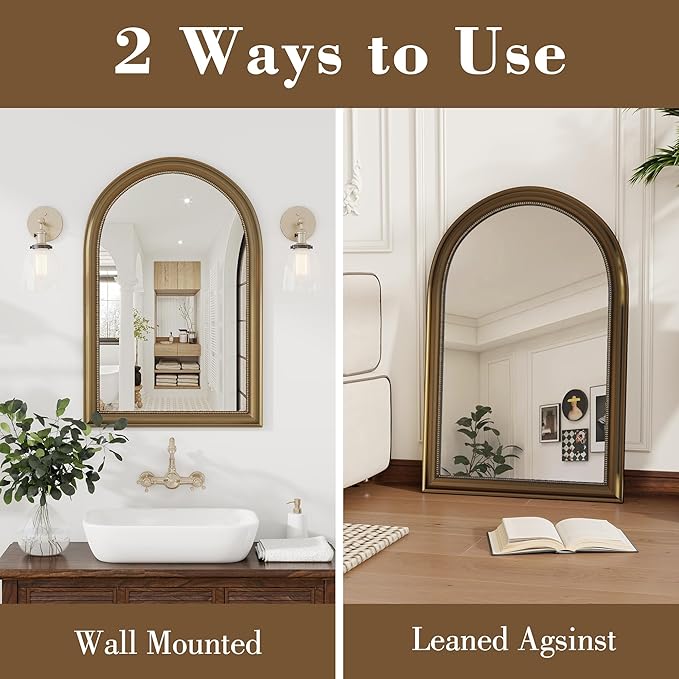 Axeman 22x30 Arched Wall Mirror, Decorative Bathroom Mirror, Traditional Vintage Wall Mounted Mirror with Beaded Frame for Accent Living Room Vanity Bedroom Entryway, Gold
