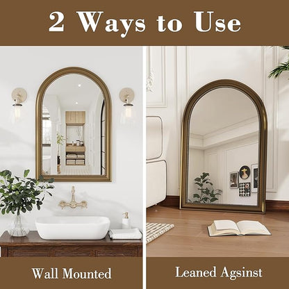 Axeman 22x30 Arched Wall Mirror, Decorative Bathroom Mirror, Traditional Vintage Wall Mounted Mirror with Beaded Frame for Accent Living Room Vanity Bedroom Entryway, Gold