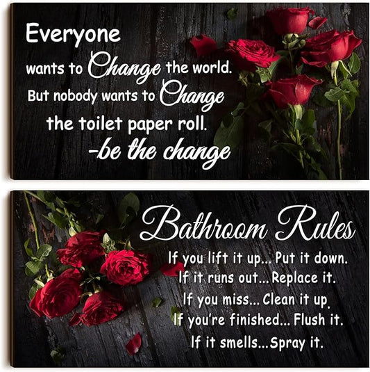 Jetec 2 Pieces Funny Bathroom Signs Bathroom Wall Decor Toilet Wall Accessories Farmhouse Toilet Rustic Wooden Signs, 12x6 Inch(Rose Style)