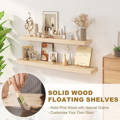 Fun Memories Floating Shelves, 9.3 Inch Deep Solid Pine Wood Wall Shelves for Storage, Wall Mounted Display Shelf with Invisible Heavy-Duty Metal Bracket, 55 Inch Width, Unfinished - DIY Stain