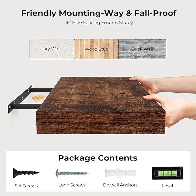 Fun Memories 72 Inch Floating Shelves for Wall, Fireplace Mantel Shelf with Invisible Heavy Duty Bracket, 8 Inch Deep Storage Shelf for Living Room, Kitchen, Farmhouse, Brown