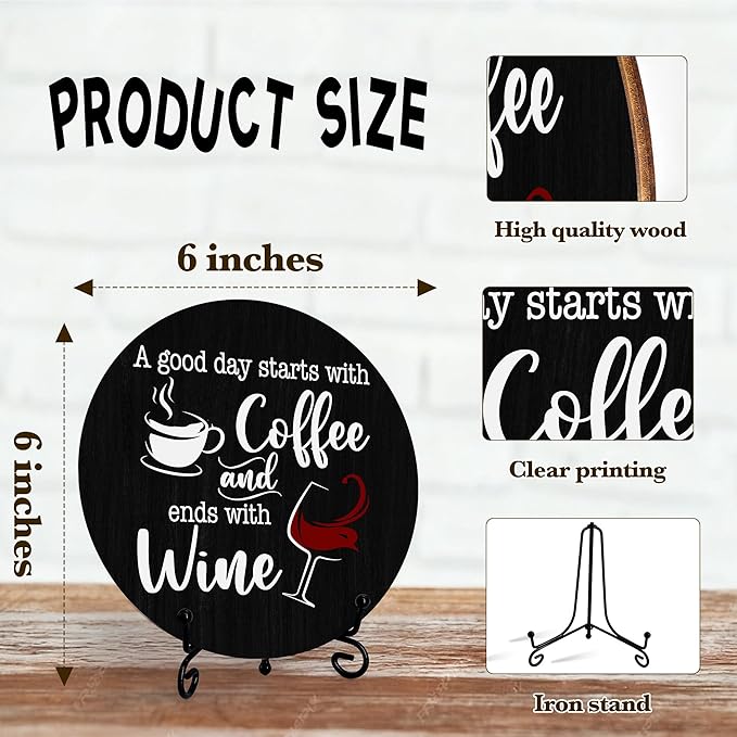 Coffee And Wine Desk Decor Sign, Rustic Funny Wooden Box Plaque, A Good Day Starts With Coffee And Ends With Wine Wood Sign, Decor For Home Kitchen Table Top, Wooden Round With Stand-19
