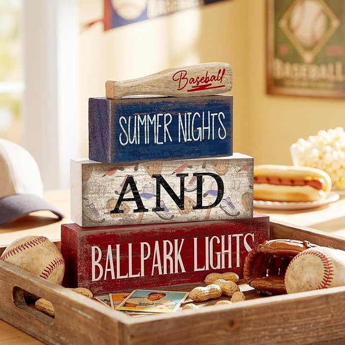 4 Pcs Baseball Decorations Stacked Wooden Blocks Signs with Bat Topper, Summer Nights Ballpark Lights Decor - Baseball Table Decor Ideal Gift for Fans Boys Room Party Coffee Shelf