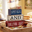 4 Pcs Baseball Decorations Stacked Wooden Blocks Signs with Bat Topper, Summer Nights Ballpark Lights Decor - Baseball Table Decor Ideal Gift for Fans Boys Room Party Coffee Shelf