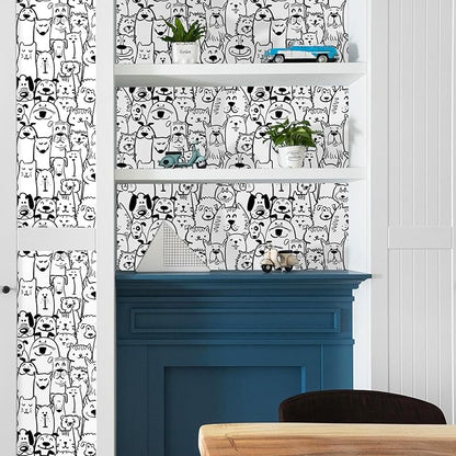 Peel and Stick Wallpaper Contact Paper Black and White Wallpaper Modern Dog Animal Wall Paper Textured Self Adhesive Removable Wallpaper for Nursery Kids Room Shelf Liner Vinyl Roll 78.7"x17.3"