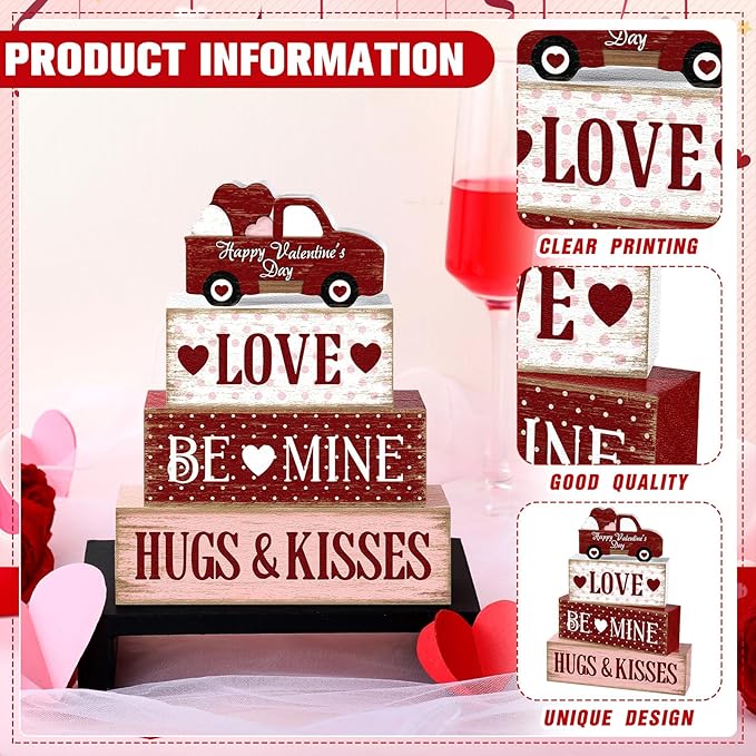 Marsui 4 Pcs Valentine's Day Decorations Truck Wooden Signs Rustic Distressed Table Decor Valentines Centerpieces Blocks Farmhouse Tiered Tray Decor Happy Valentine Day Decorations for Home Desk Shelf