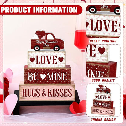 Marsui 4 Pcs Valentine's Day Decorations Truck Wooden Signs Rustic Distressed Table Decor Valentines Centerpieces Blocks Farmhouse Tiered Tray Decor Happy Valentine Day Decorations for Home Desk Shelf
