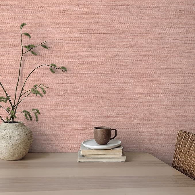 Tempaper Textured Salmon Pink Horizontal Faux Grasscloth Removable Peel and Stick Wallpaper, 20.5 in X 16.5 ft, Made in The USA