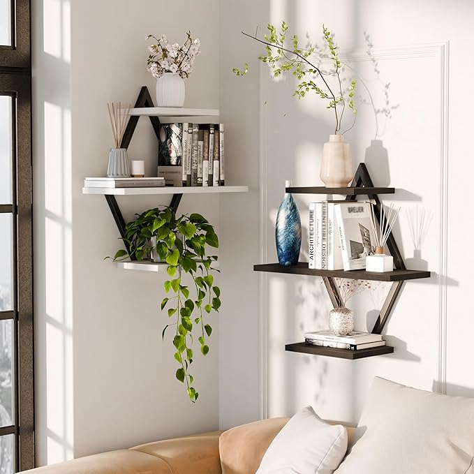 Floating Shelves, Wall Shelf Set of 2, Wall Mounted Shelves, 3-Tier Hanging Wall Shelves for Bathroom, Living Room, Bedroom, Kitchen, Office (Black & White)