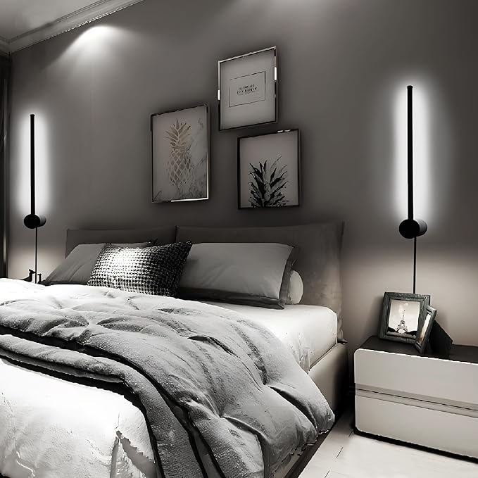 Kawell 19.7 Inch Rotatable LED Wall Sconce 12W Plug in Wall Light Bar with Switch Modern Black Linear Lamp for Bedroom Living Room Office, Cold White