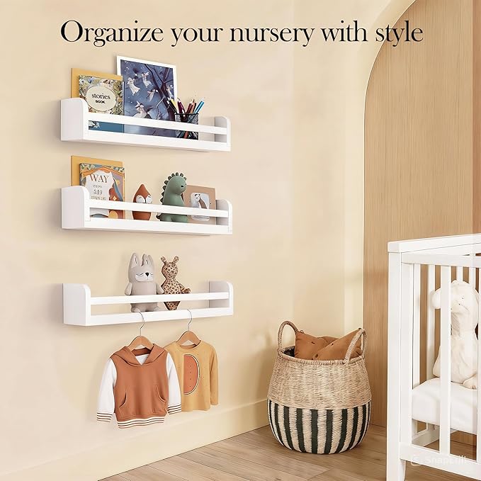 Floating Nursery Book Shelves, 16.5 inch Wall Book Shelves Kids Room, Set of 3 Baby Shelves for Nursery Décor, Ideal Wooden Nursery Shelves for Teens Kids Room, Bedroom Bathroom and Kitchen (White)