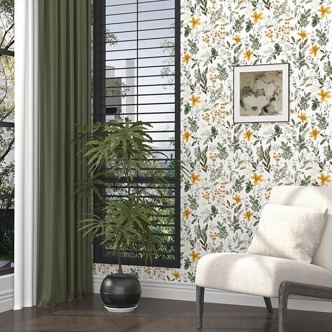 Green/Yellow Leaf Wallpaper Peel and Stick,Vintage Floral Contact Paper, Botanical Leaves Wall Paper Self Adhesive Removable Waterproof for Room Bedroom Shelves Cabinet Table Decor 17.5" x 118"