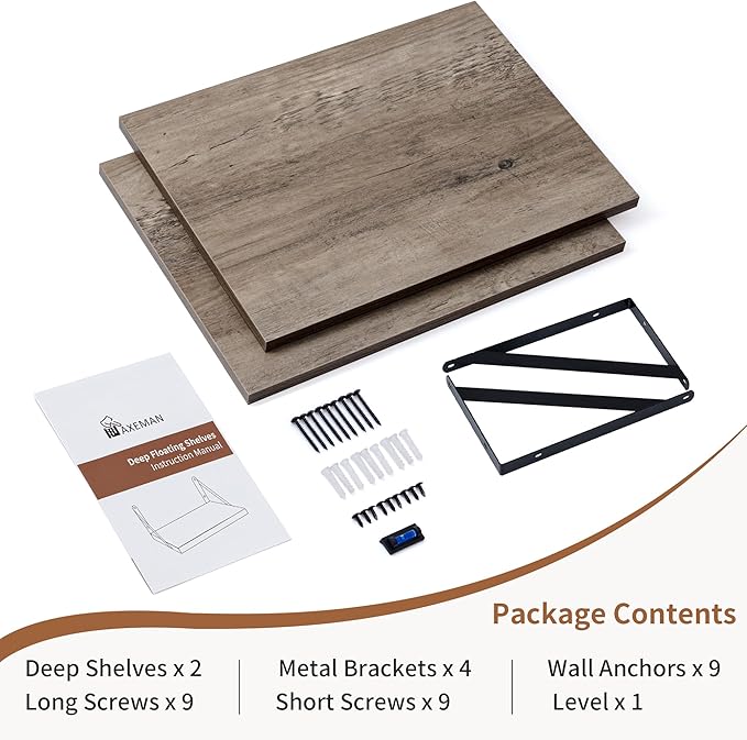 Axeman Deep Floating Shelves for Wall, 12 Inch Deep Floating Shelves Set of 2, 16W x 12D Rustic Grey Wood Large Wall Mounted Shelves for Living Room Kitchen Bathroom Bedroom - Grey