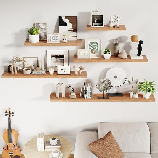 RICHFOCUS Floating Shelves for Wall 24 Inch Solid USA-Sourced Oak Wooden Shelves for Bathroom Kitchen 9" Deep Modern Wood Shelf with Heavy-Duty Bracket for Wall Mounted, Natural Finish