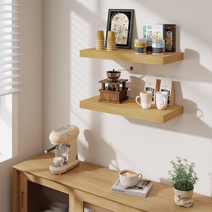 Fun Memories 24 x 10 Floating Shelves Wall-Mounted - Rustic Wood Shelf - 10 Inch Deep Floating Shelves for Wall - Large Storage Shelf for Bathroom - Kitchen & Bedroom - Oak - Set of 2