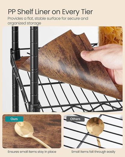 SONGMICS 5-Tier Bathroom Shelf, Storage Rack for Small Space, with 5 PP Shelf Liners, Removable Hook, Extendable Design, Ink Black and Rustic Brown ULGR023B02
