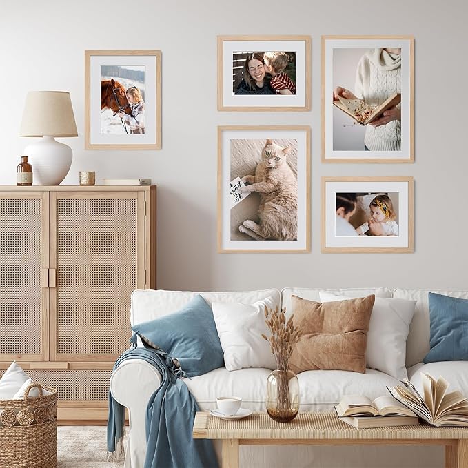 puthiac 9x12 Solid Oak Wood Picture Frame, Fits 6x8 with Mat or 9x12 Without Mat, Wall or Tabletop Display with Stand, Vertical or Horizontal, Plexi Front, 1 Pack, Natural Oak