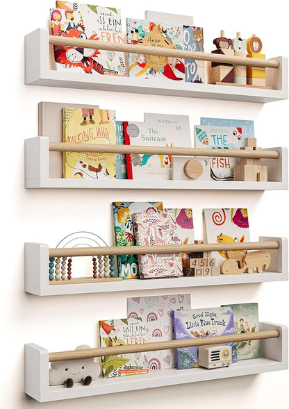 Nursery Book Shelves, 4 Pack, Wall Book Shelves for Kids Room, Baby, Toddler, Nursery Decor (White Wood, 23 Inches)
