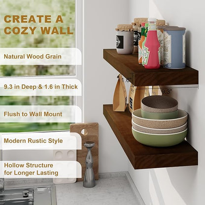 Fun Memories Floating Shelves, 9.3'' Deep Solid Pine Wood Wall Shelves for Storage, Wall Mounted Display Shelf with Invisible Heavy-Duty Metal Bracket, 24'' Width Set of 2, Walnut