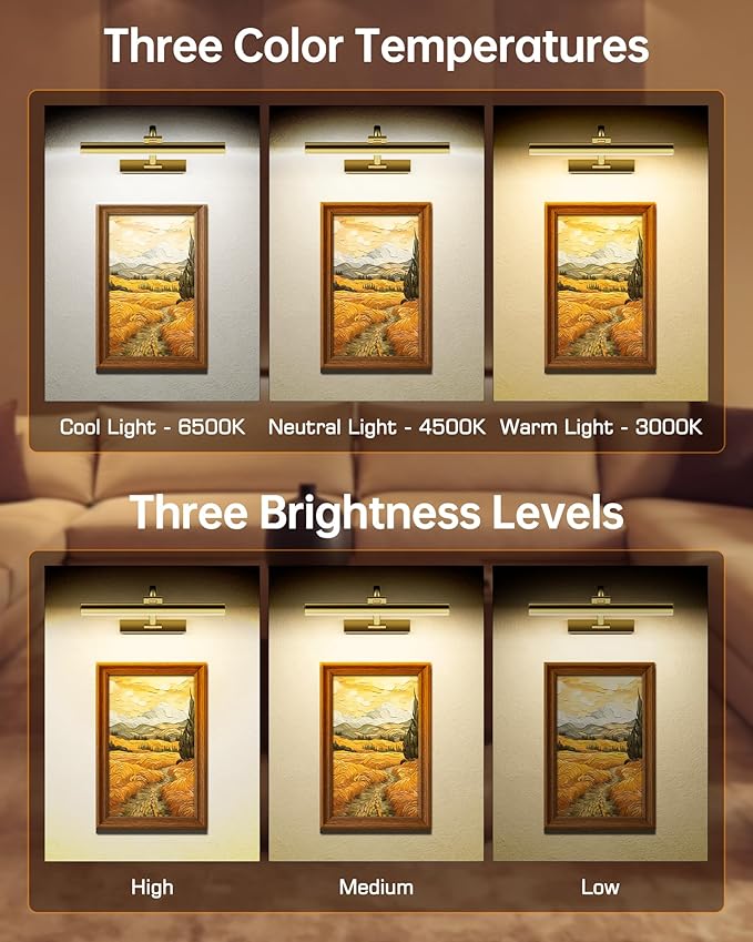 Picture Lights for Wall, 16.5" Rechargeable Art Light with Remote & Timer, 5200mAh Battery Operated Poster Lights, 3 Color Modes & 3 Brightness Levels for Pictures, Gallery, Frame (1 Pack)
