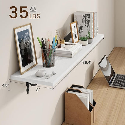 RICHFOCUS Floating Shelves for Wall Decor, 39.4W x 8D Shelves Set of 2, 8 Inch Deep Rustic Wood Shelves Wall Mounted with Brackets, Long Floating Shelves for Living Room Bedroom Kitchen, White