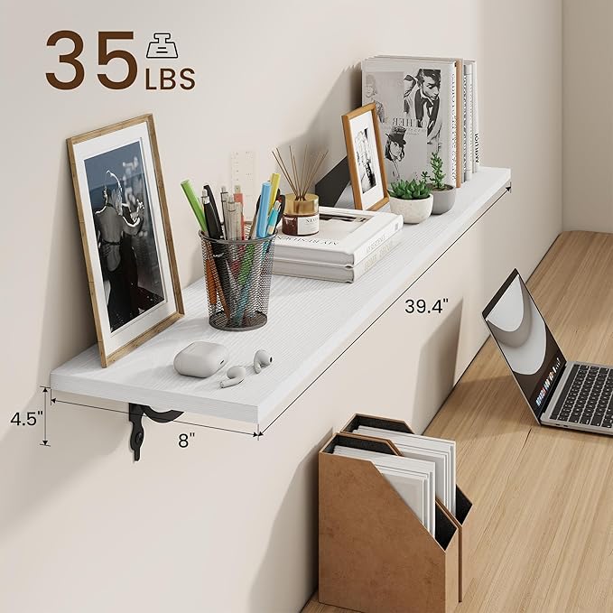 RICHFOCUS Floating Shelves for Wall Decor, 39.4W x 8D Shelves Set of 2, 8 Inch Deep Rustic Wood Shelves Wall Mounted with Brackets, Long Floating Shelves for Living Room Bedroom Kitchen, White