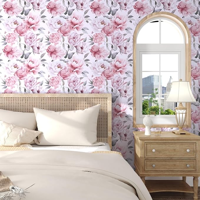 Floral Wallpaper Peel and Stick, Large White & Pink Flowers Contact Paper 17.5