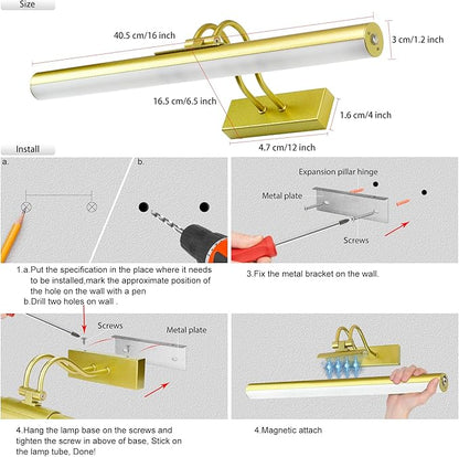 Picture Light,Wireless Art Light Stick-On,Magnetic Wall Light,Battery Accent Light with Timer and Dimmable for Painting,Frame,Portrait,Artwork-Gold 16"